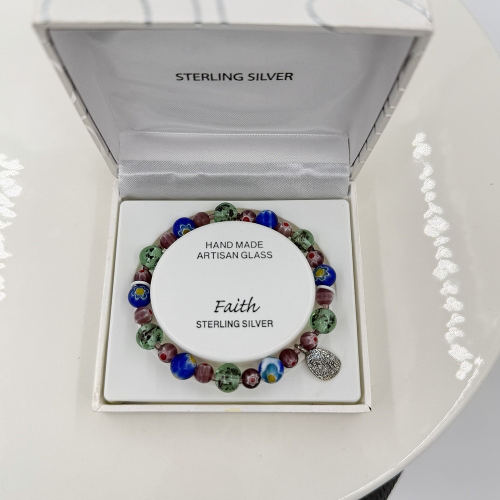 Faith Sterling Silver Artisan Glass Beaded Bracelet Hand Made With Box - Picture 3 of 3